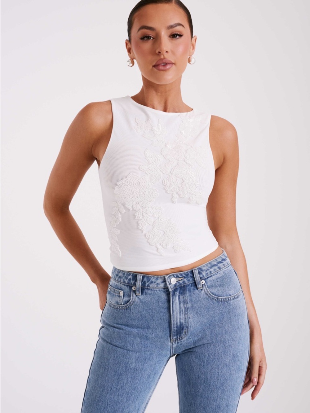 Meshki - Luci Beaded Flower Mesh Top - White
Size: XS